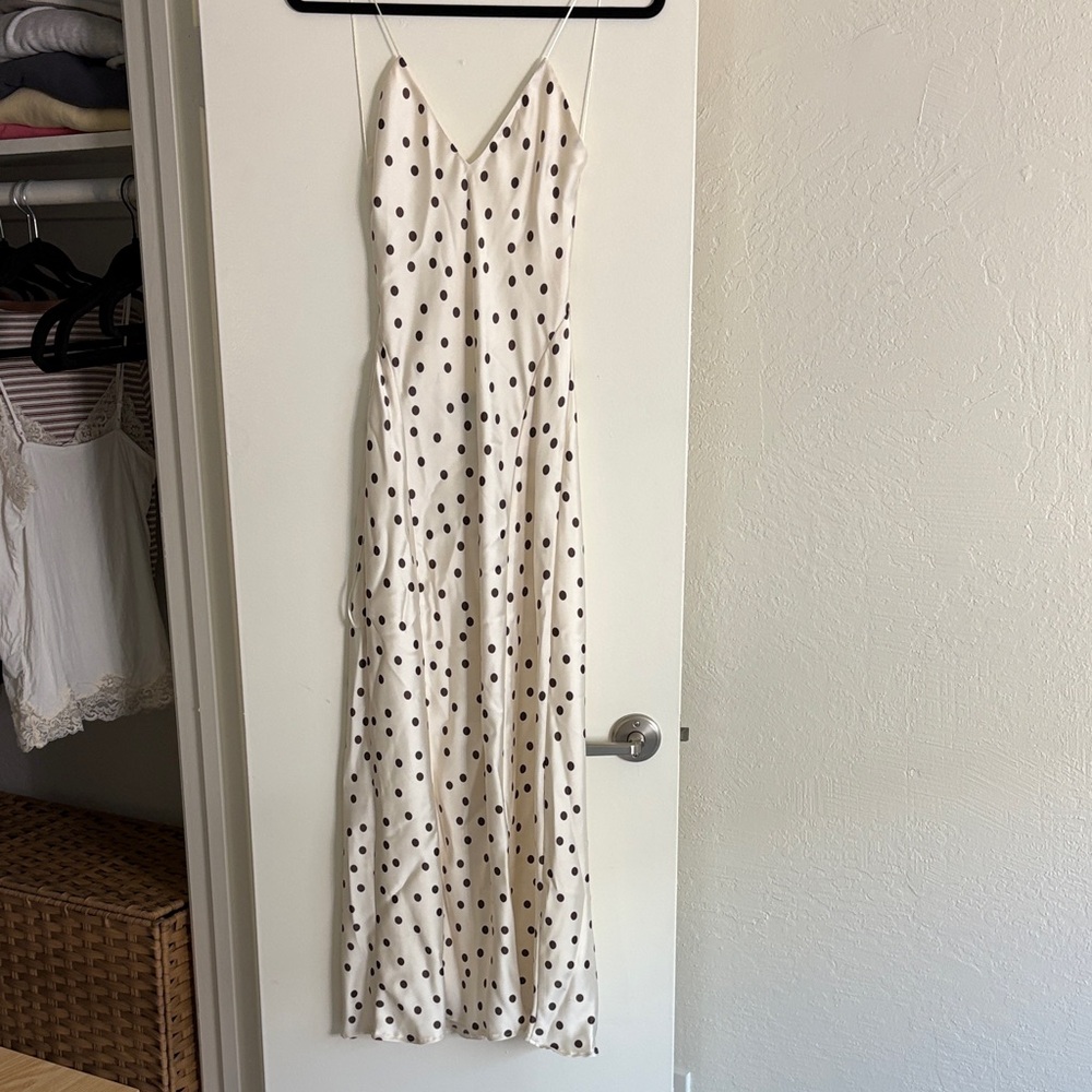 stradivarius Cream Maxi Slip Dress with Black Polka Dots